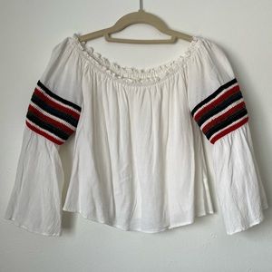 Honey Punch white off shoulder peasant blouse w striped crochet detail | size S
